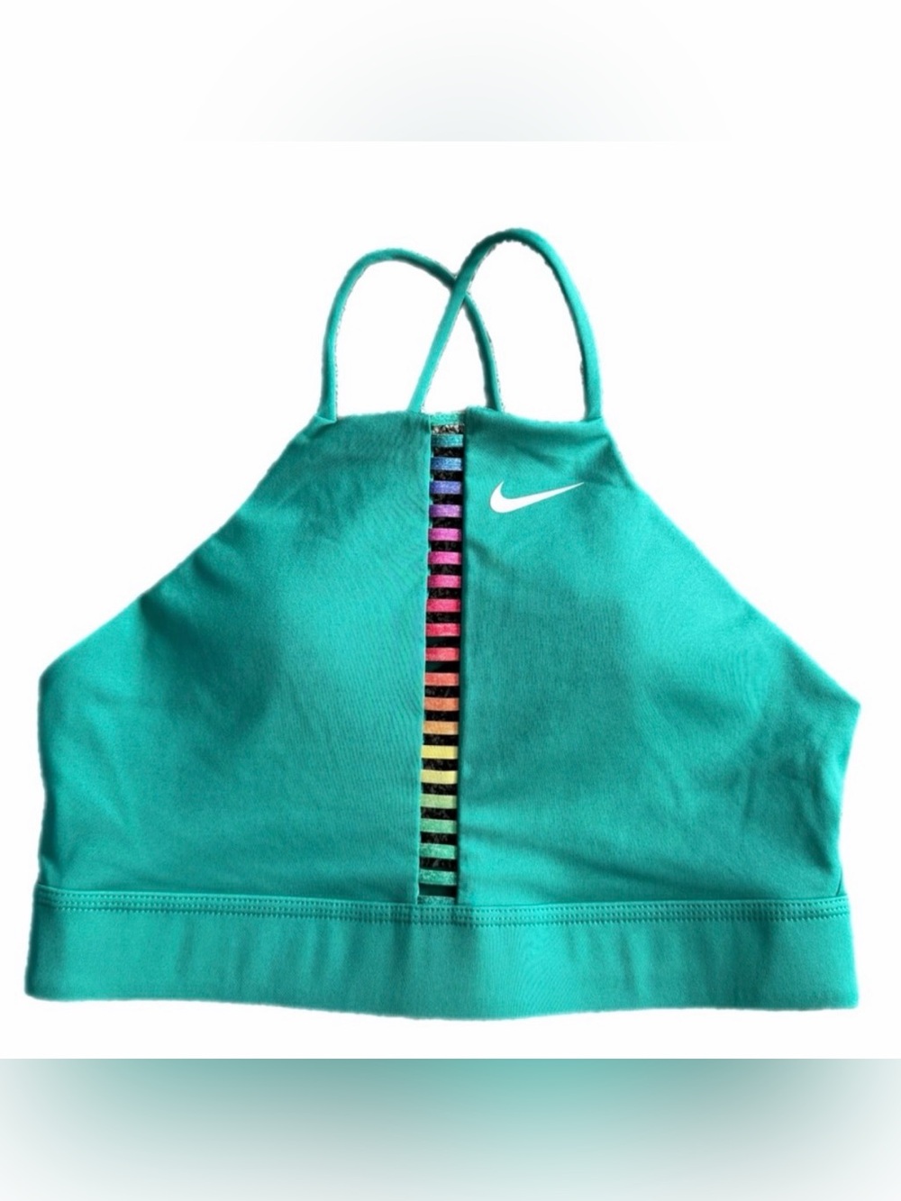 Nike Dri-FIT High Neck Sports Bra | Teal with Rainbow Mesh | Size Small